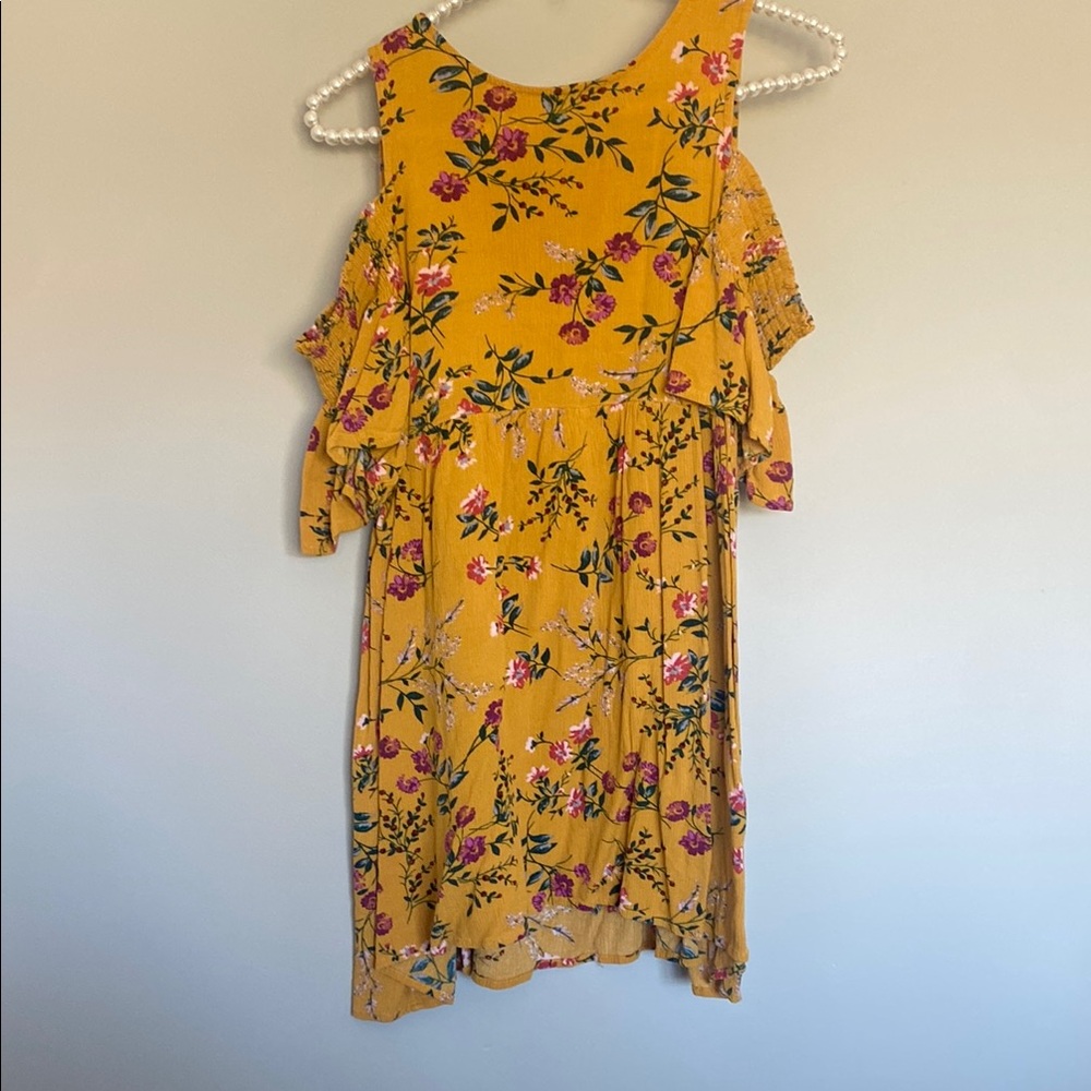 Floral Cold Shoulder Top/Dress in Mustard Yellow